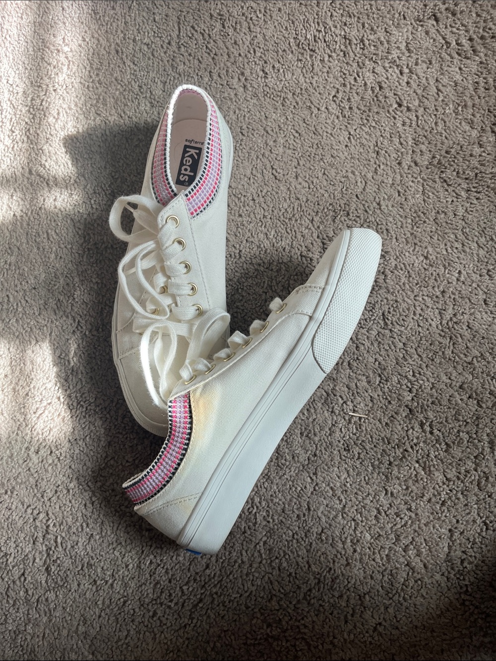 Keds White Canvas Slip-On Woman’s Sneakers with Pink & Black Knit Collar - Picture 2 of 4
